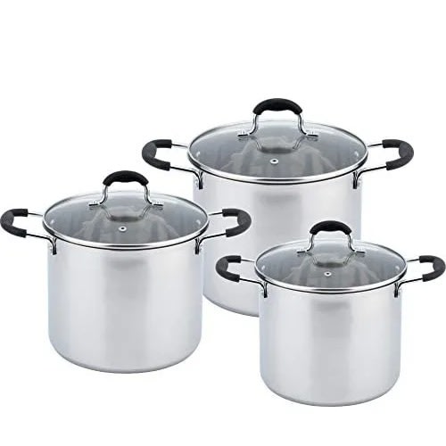 Stainless Steel Stock Pot Set With Glass Lids - 3 Pcs