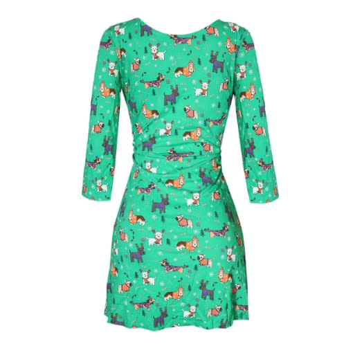 Christmas Printed 3/4 Flared  Dress - Green
