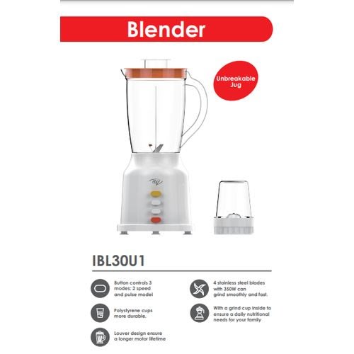 Electric Blender + Grinder & Mixer - 1.5L Jug +Free Dry Mill Cup - 350W