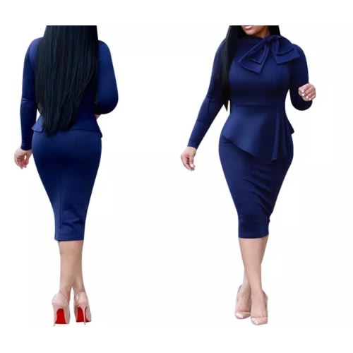 Long Sleeve Bodycon Dress with Bow - Blue
