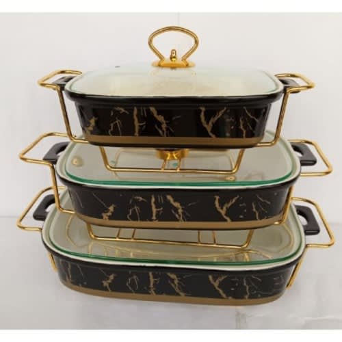 Rectangle Ceramic Dish With Cover - 3 Set - 18cm -22cm & 24cm  - Gold