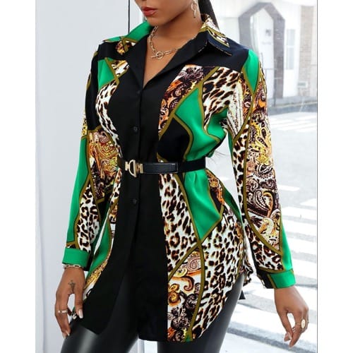 Women's Corporate Top - Green Patterned