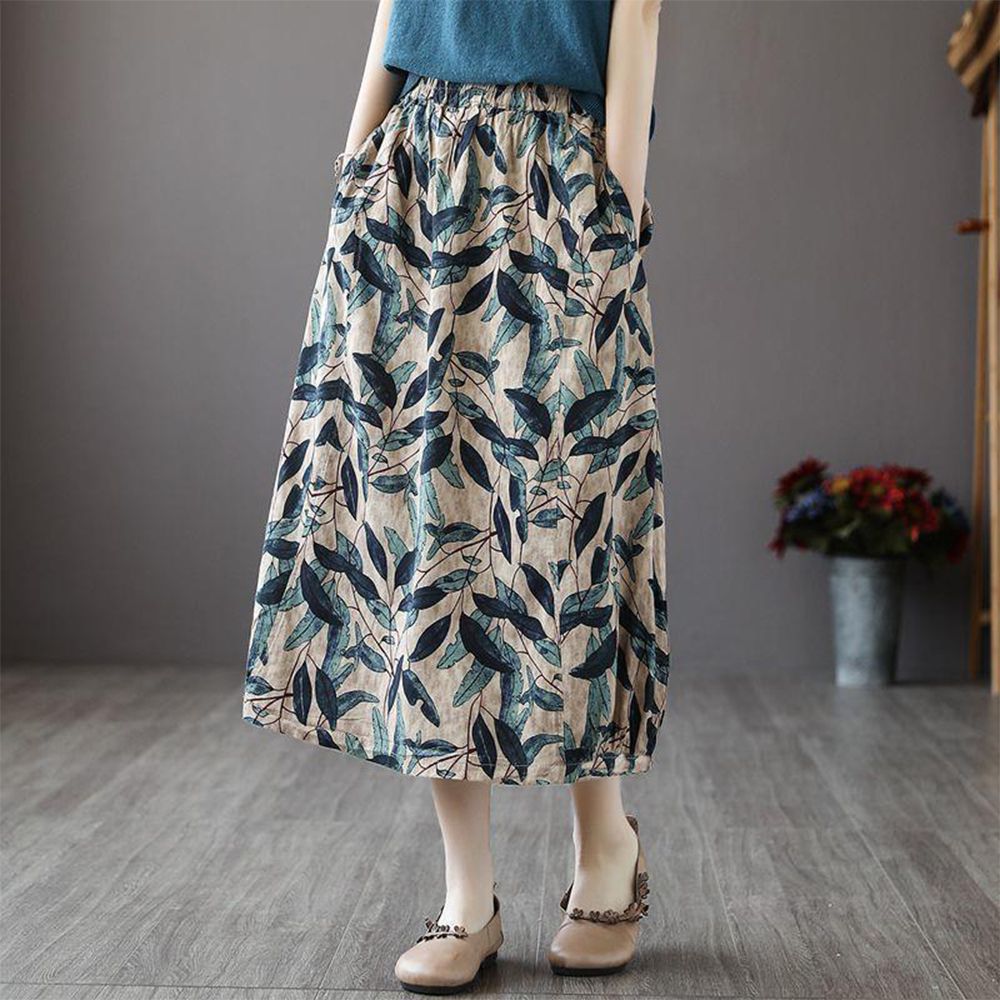 Women Boho Vintage Print Long Skirt With Side Pockets Casual