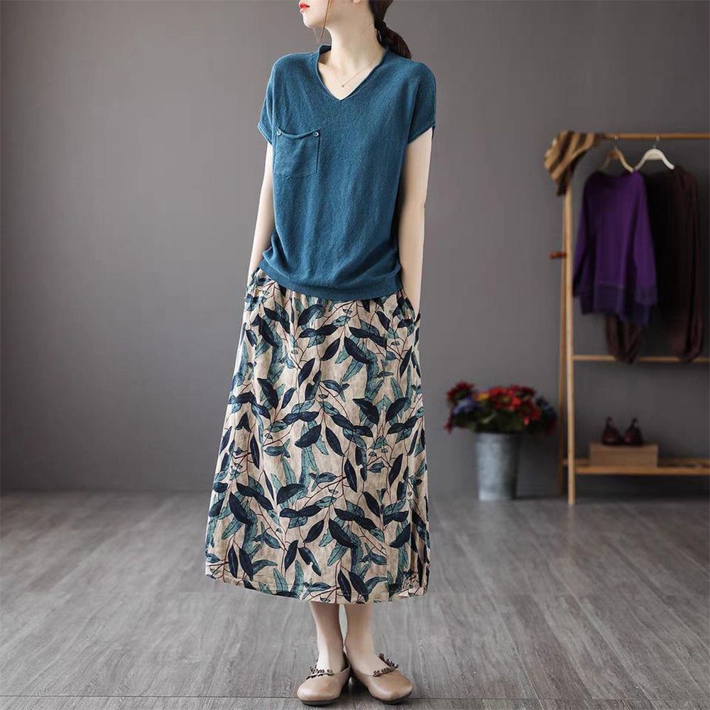 Women Boho Vintage Print Long Skirt With Side Pockets Casual