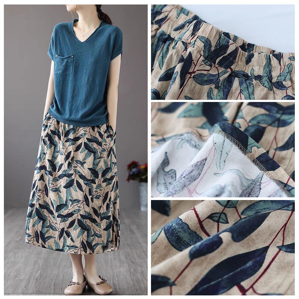 Women Boho Vintage Print Long Skirt With Side Pockets Casual