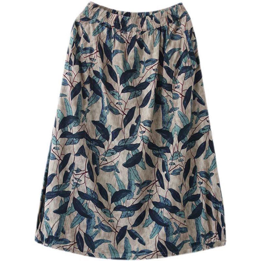 Women Boho Vintage Print Long Skirt With Side Pockets Casual
