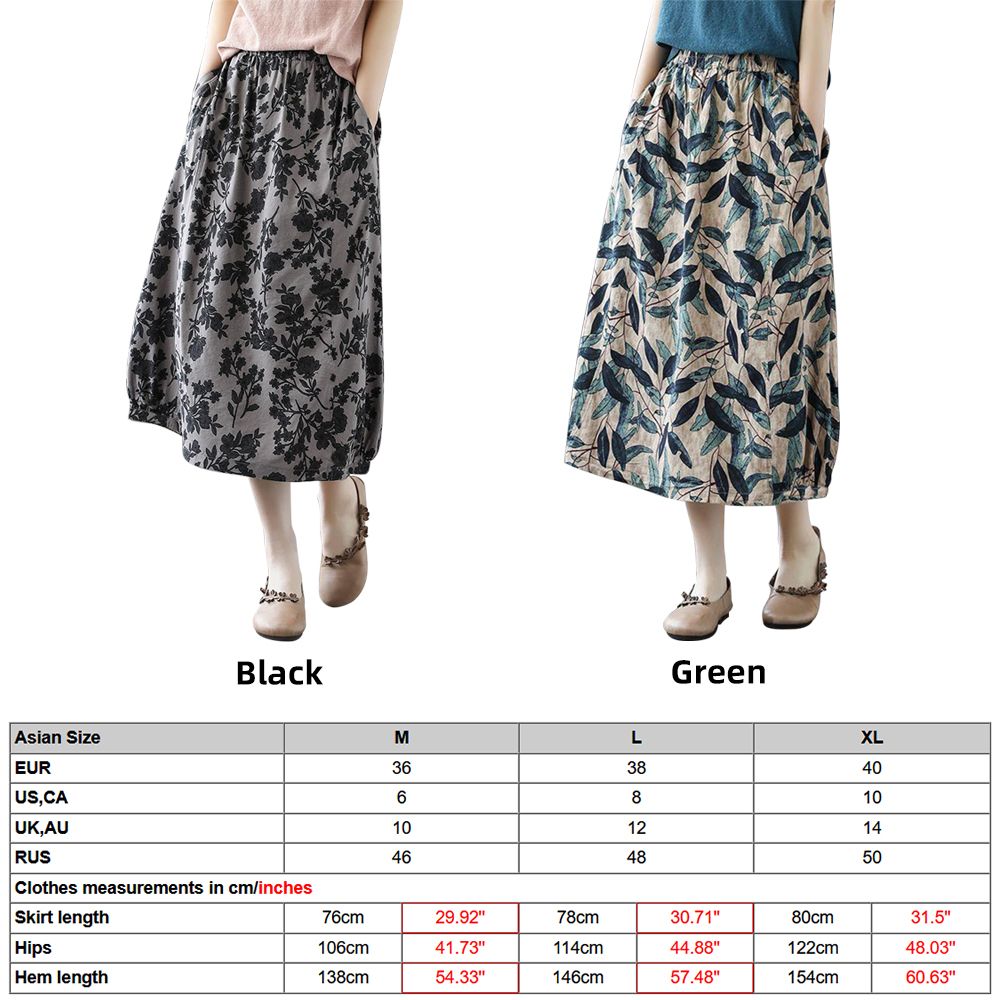 Women Boho Vintage Print Long Skirt With Side Pockets Casual