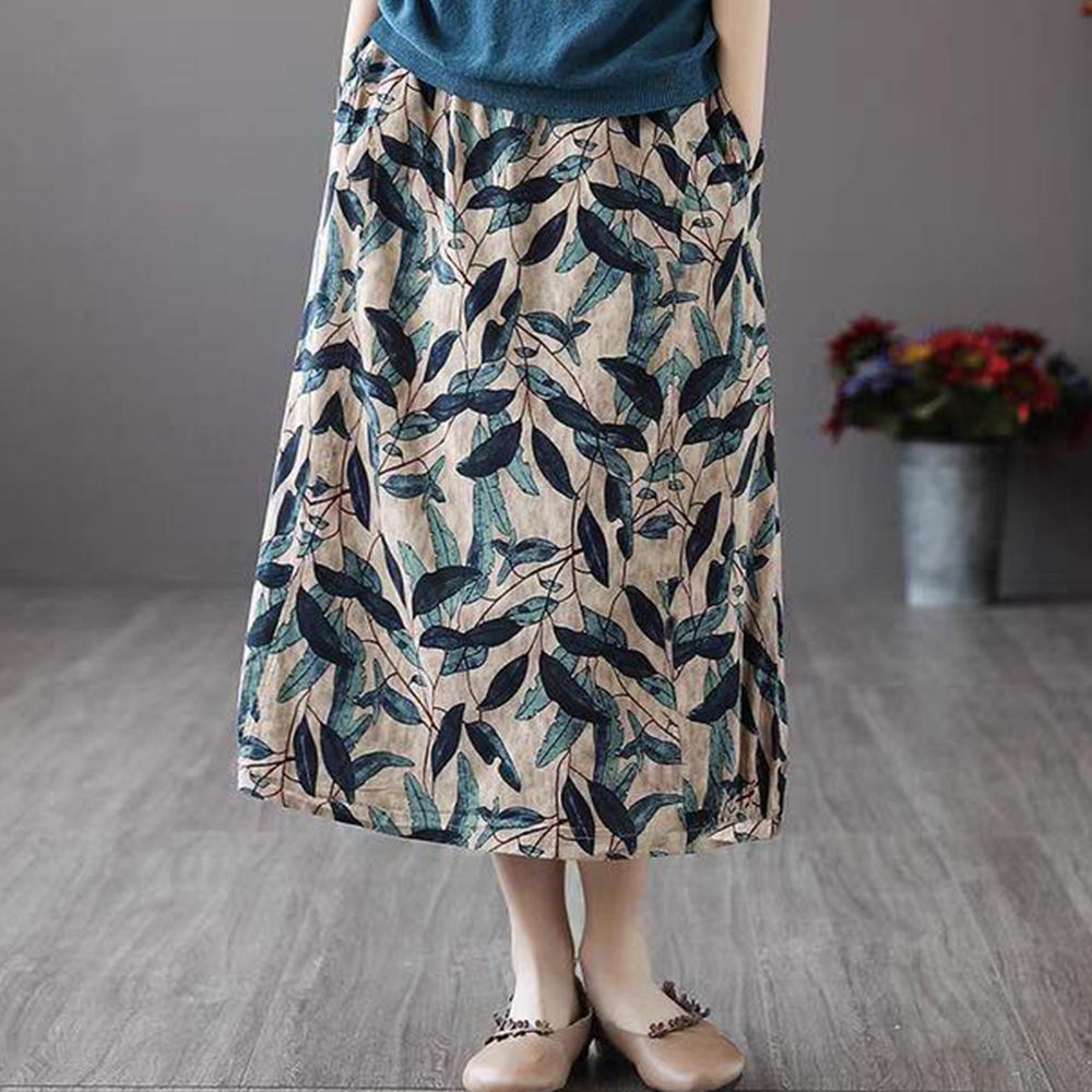 Women Boho Vintage Print Long Skirt With Side Pockets Casual