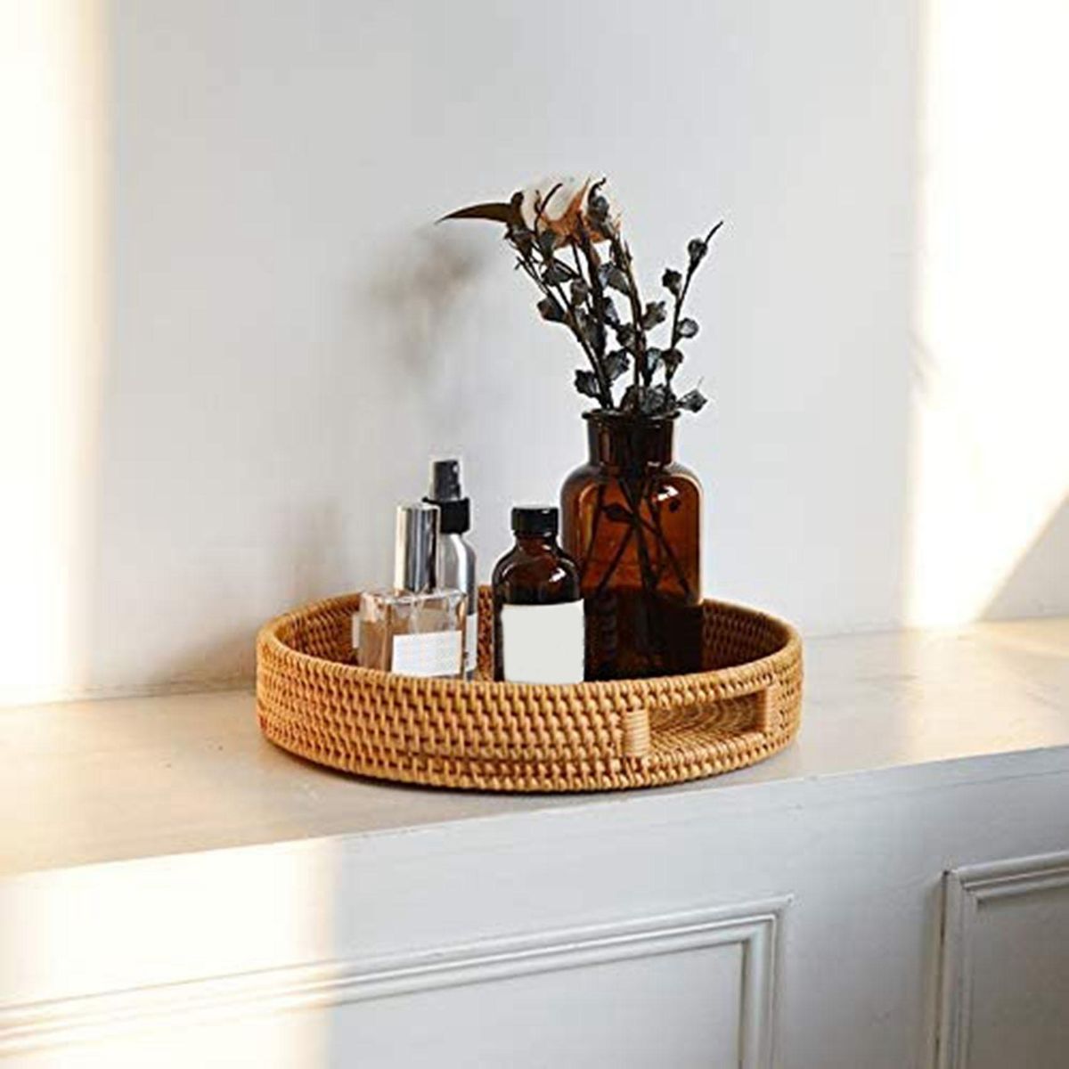 Round Rattan Serving Tray Decorative Woven Ottoman Trays