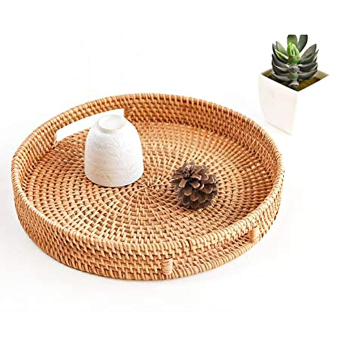 Round Rattan Serving Tray Decorative Woven Ottoman Trays