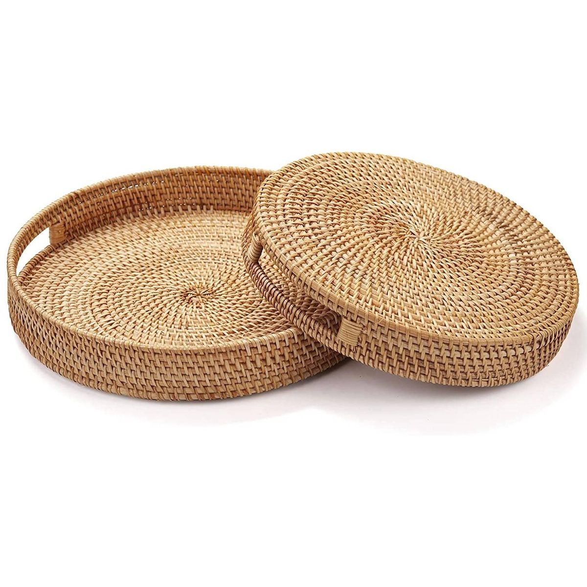 Round Rattan Serving Tray Decorative Woven Ottoman Trays