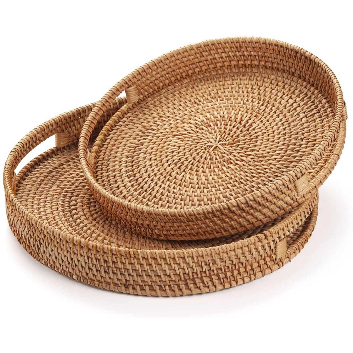 Round Rattan Serving Tray Decorative Woven Ottoman Trays