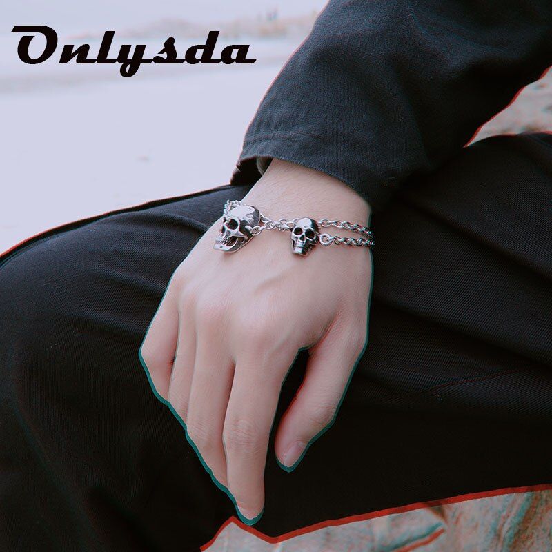 Onlysda Stainless Steel Cool Link Chain Skull Bracelet Men