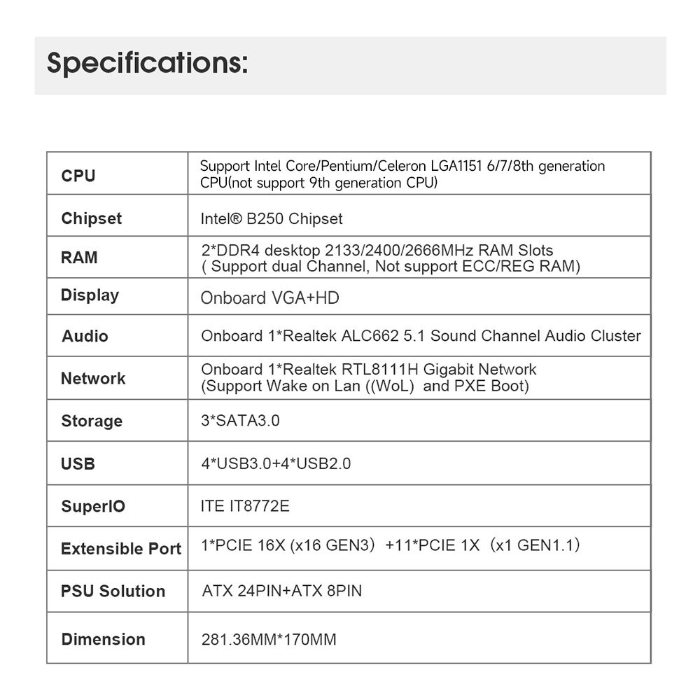 ETH-B250 Motherboard Support Intel Core/Pentium/Celeron