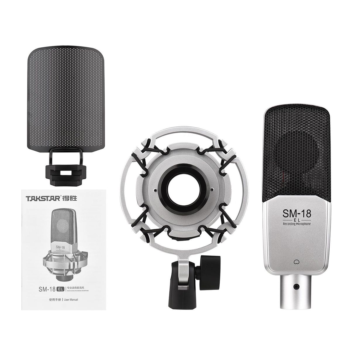 TAKSTAR SM-18 EL Professional Recording Microphone Cardioid Condenser XLR Mic Kit with Adjustable Shock Mount Metal Pop Screen for Studio Vocal Music Instrument Live Stream Performance