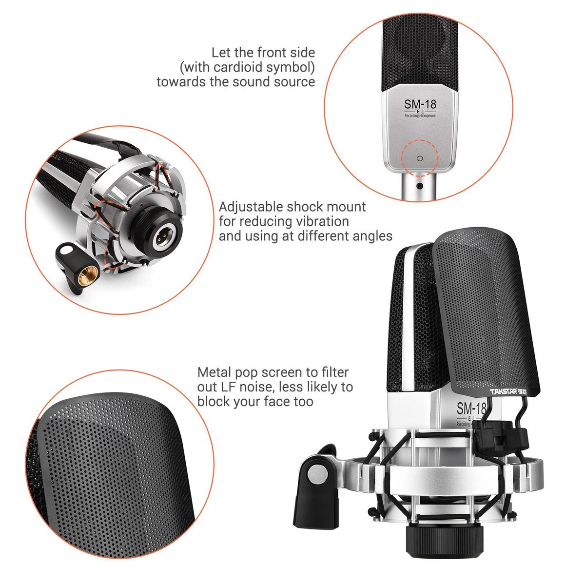 TAKSTAR SM-18 EL Professional Recording Microphone Cardioid Condenser XLR Mic Kit with Adjustable Shock Mount Metal Pop Screen for Studio Vocal Music Instrument Live Stream Performance