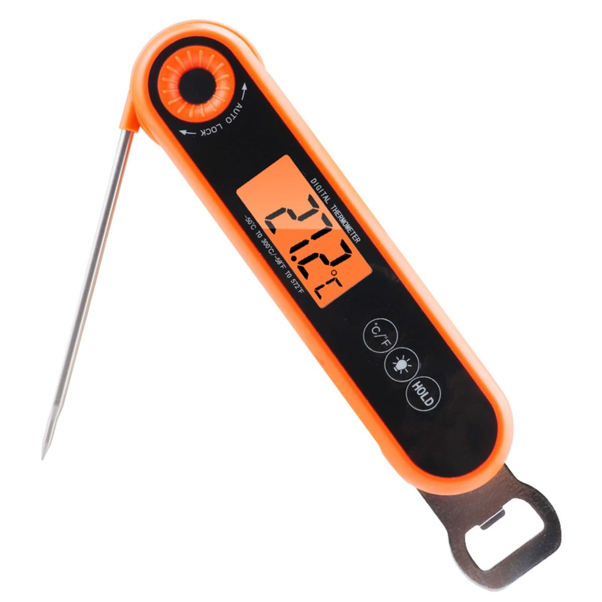 Folding Food Thermometer Kitchen BBQ Electronic Thermometer with Wine Opener Barbecue Meat Temperature Measuring Instrument 304SS Probe -50~300°C LCD Digital Thermometer Cooking Thermometer with Backlight