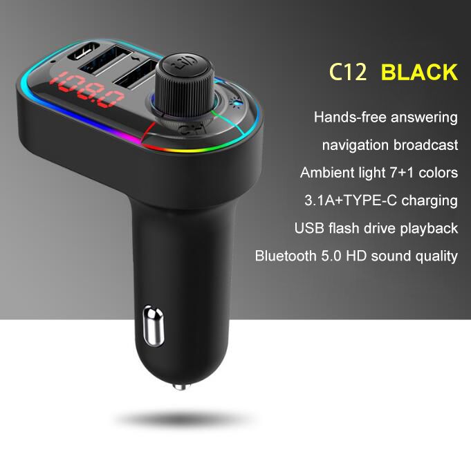 （C12-Black）2022New Car Fast Charger Auto Charger Quick Chargering 4.0 3.0 USB With Bluetooth 5.0 For Huawei Xiaomi Samsung IPhone 12 13
