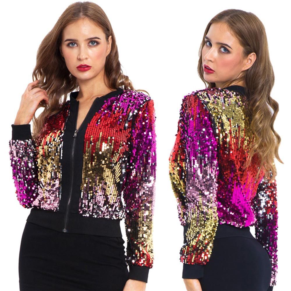 Women Sequin Jackets Sparkly Bomber Jackets V-Neck Long Sleeve Zipper Glitter Clubwear Fashion Coat