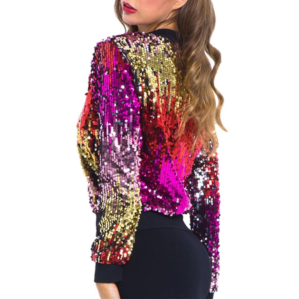 Women Sequin Jackets Sparkly Bomber Jackets V-Neck Long Sleeve Zipper Glitter Clubwear Fashion Coat