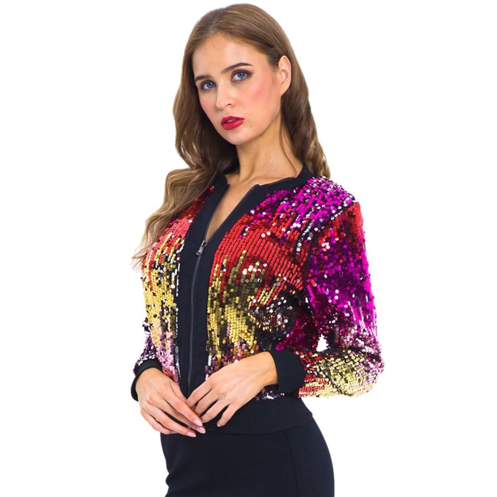 Women Sequin Jackets Sparkly Bomber Jackets V-Neck Long Sleeve Zipper Glitter Clubwear Fashion Coat