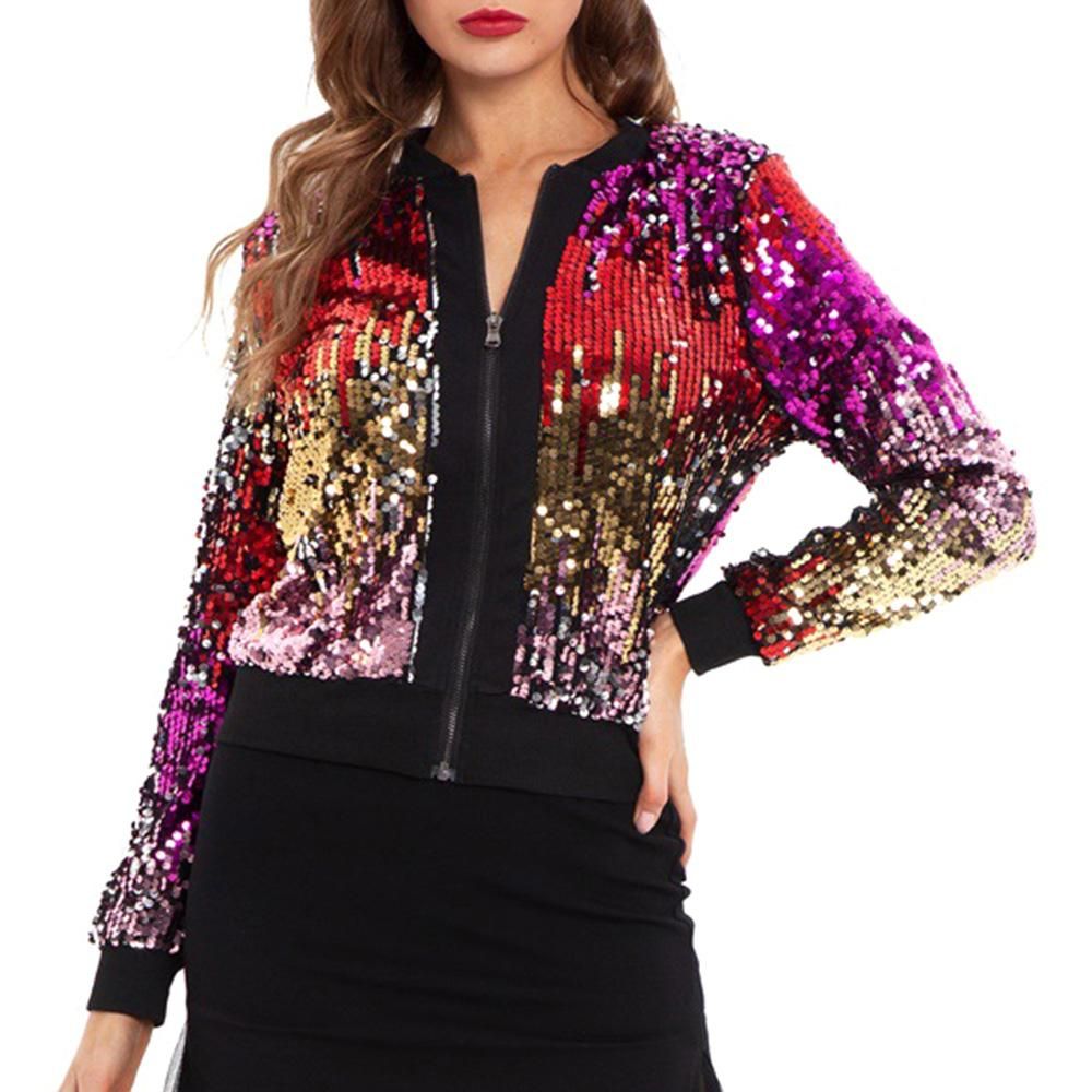 Women Sequin Jackets Sparkly Bomber Jackets V-Neck Long Sleeve Zipper Glitter Clubwear Fashion Coat