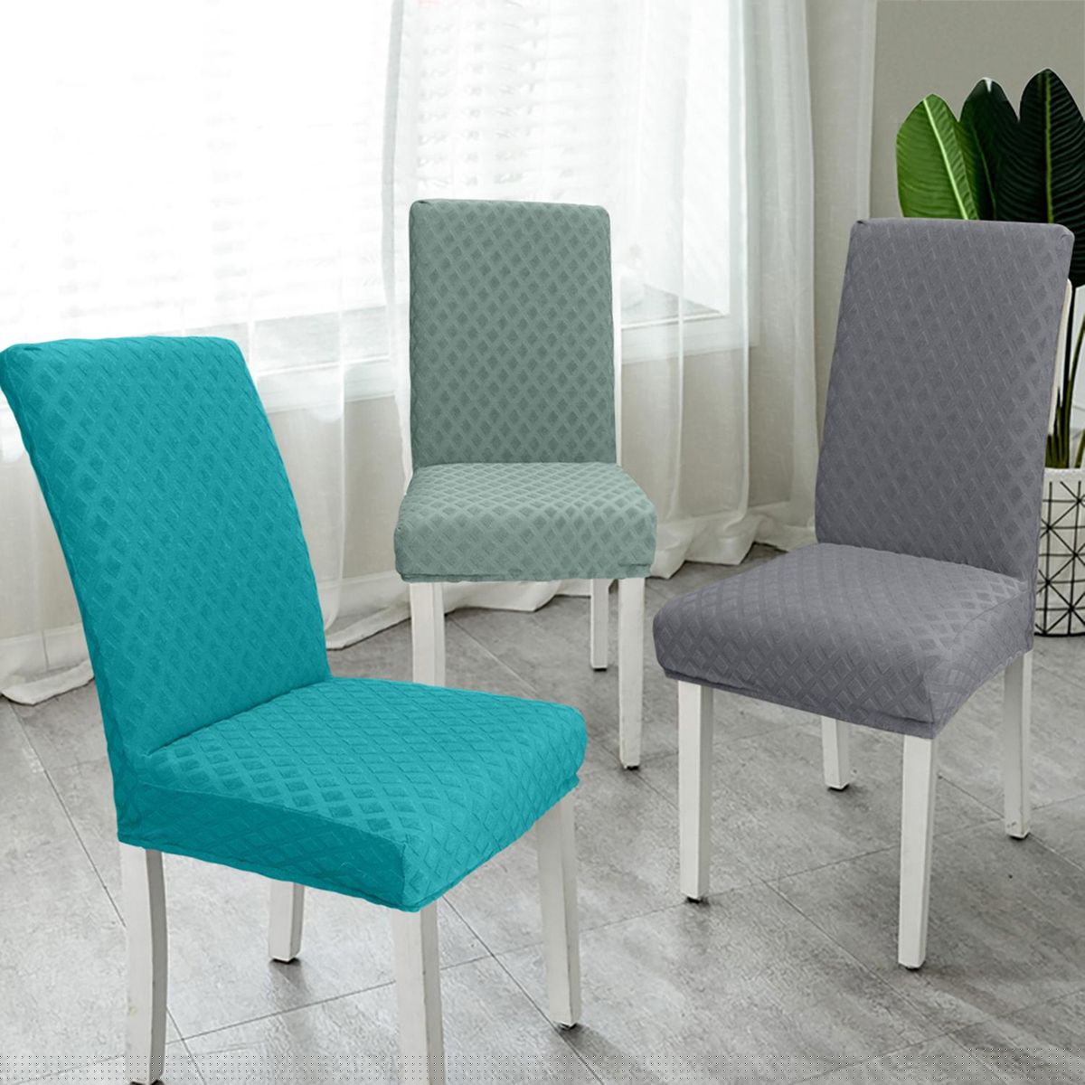 Dining Chair Slipcover, High Stretch Removable Chair Cover Washable Chair Seat Protector Cover, Jacquard Rhombus, Chair Cover Slipcover for Home Party Hotel Wedding Ceremony, Grey