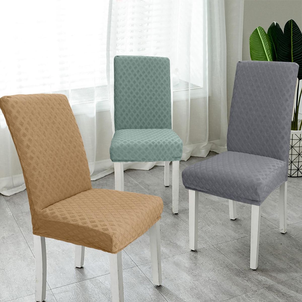 Dining Chair Slipcover, High Stretch Removable Chair Cover Washable Chair Seat Protector Cover, Jacquard Rhombus, Chair Cover Slipcover for Home Party Hotel Wedding Ceremony, Grey