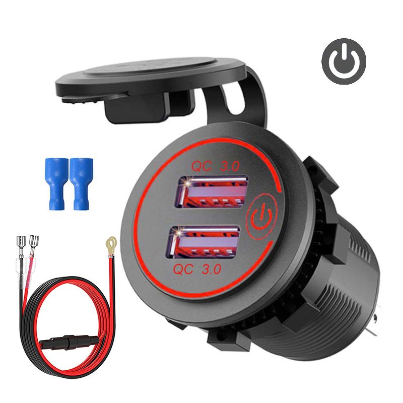 （QC3.0 Red Add Wire）4.2A Dual USB Fast Charger With Switch Socket Power Outlet Adapter Waterproof Dual USB Ports For Marine RV Boat Motorcycle Truck