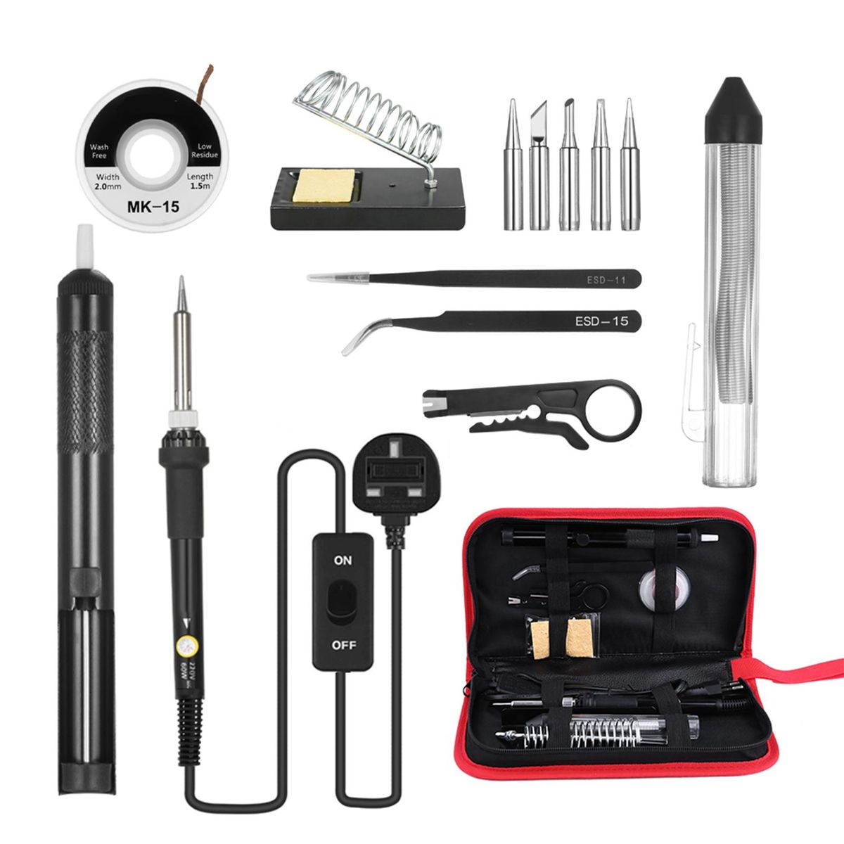 14 in 1 Soldering Iron Kit 60W Adjustable Temperature Welding Soldering Iron with ON/OFF Switch 5pcs Soldering Tips Solder Sucker Desoldering Wick Solder Wire Anti-static Tweezers Iron Stand with Cleaning Sponge Zipper Tool P