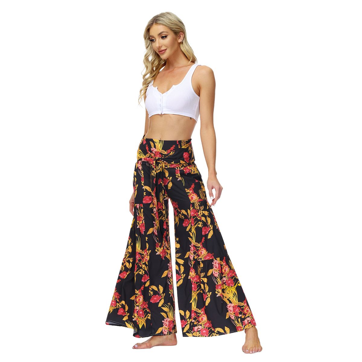 Ladies Beach Wide Leg Pants Tie Pants Digital Printing Loose Casual Pants