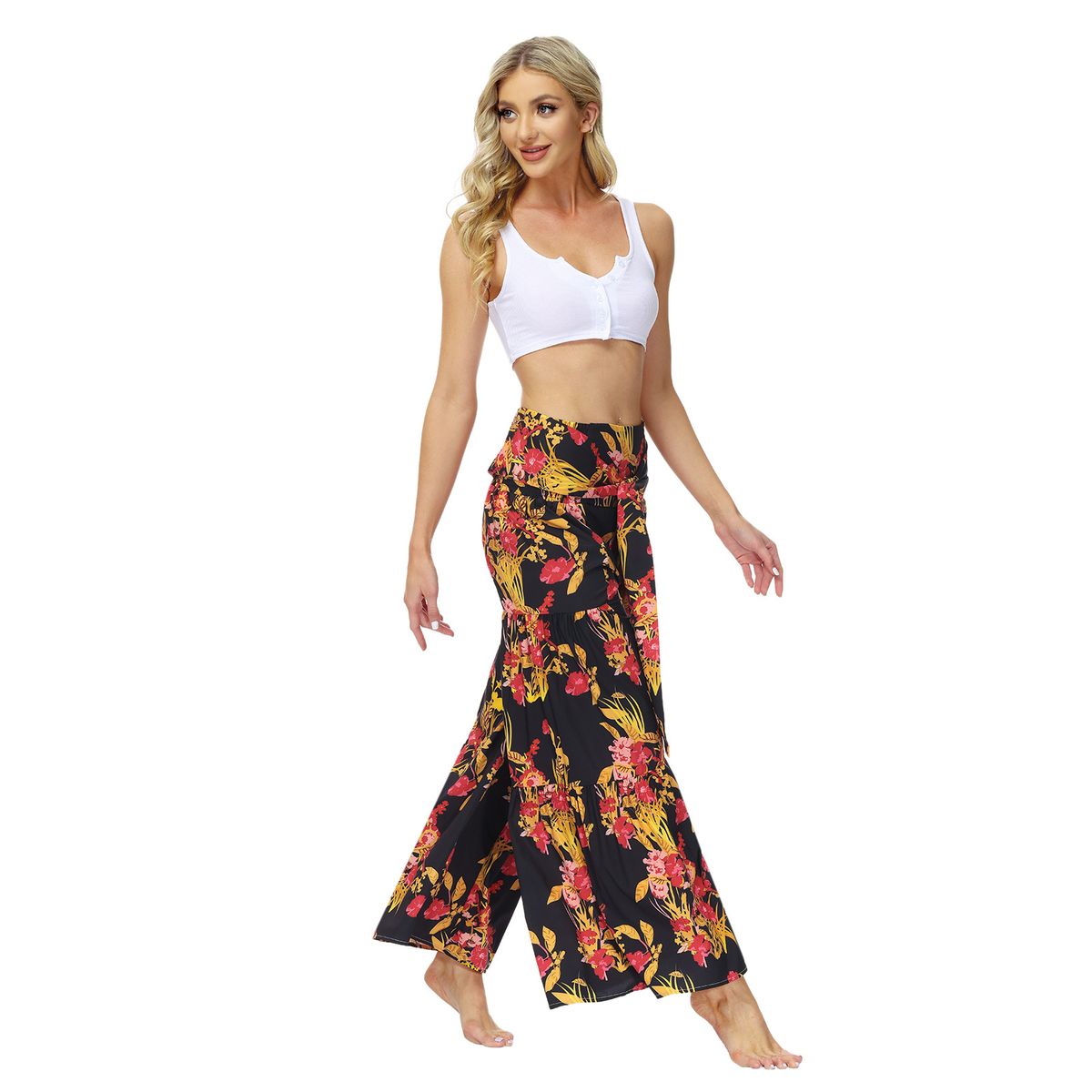 Ladies Beach Wide Leg Pants Tie Pants Digital Printing Loose Casual Pants