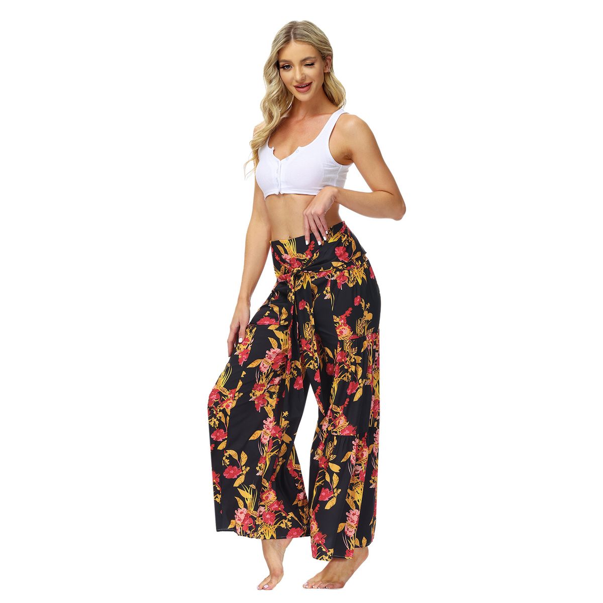 Ladies Beach Wide Leg Pants Tie Pants Digital Printing Loose Casual Pants
