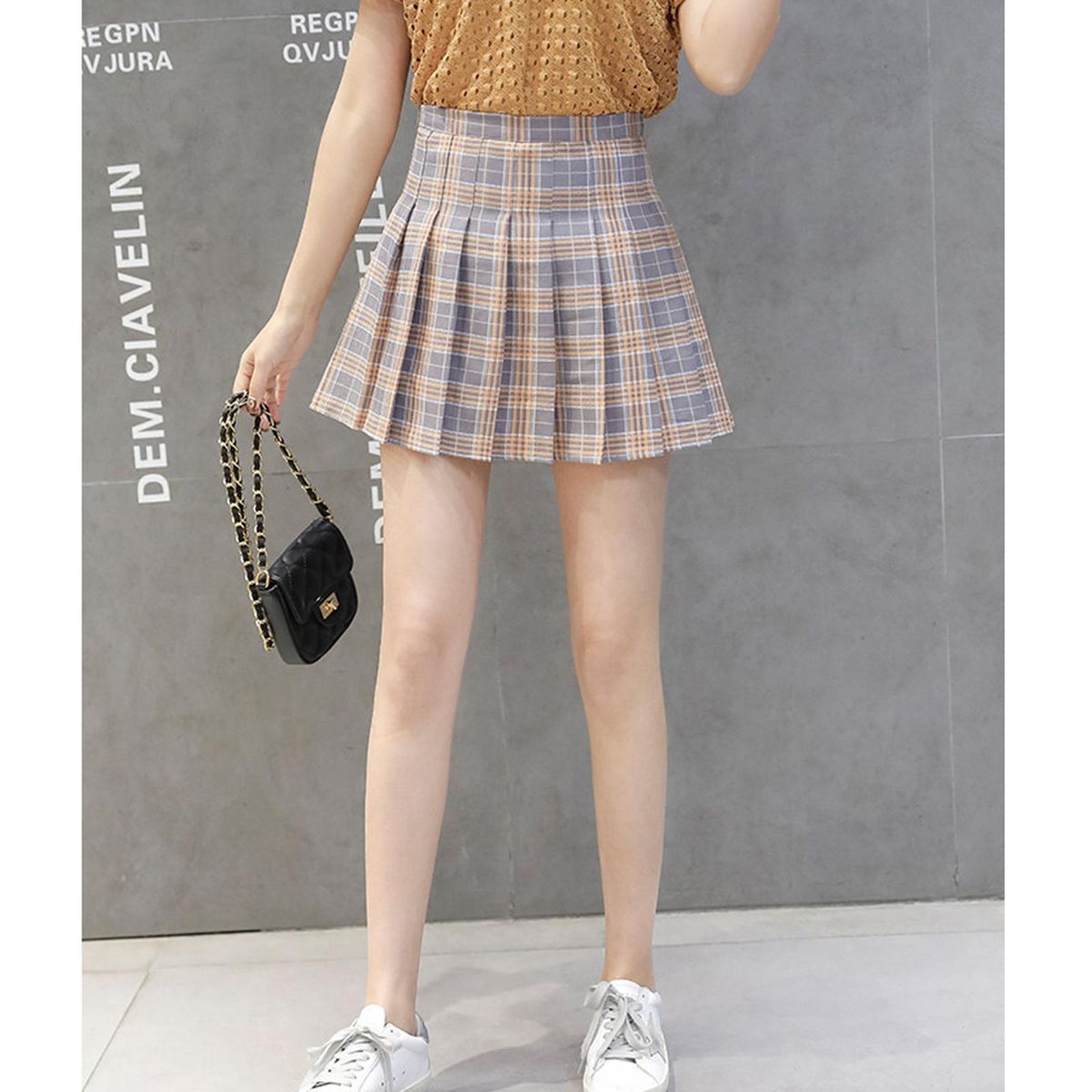 Women Girls High Waisted Pleated Skirt Skater Tennis Grey