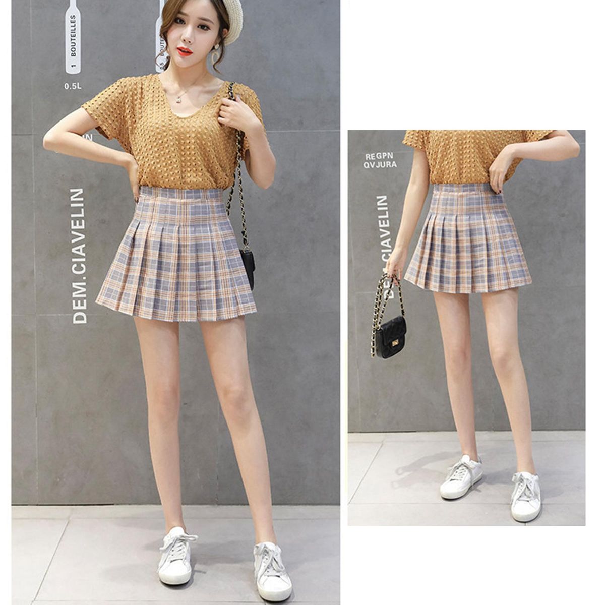 Women Girls High Waisted Pleated Skirt Skater Tennis Grey