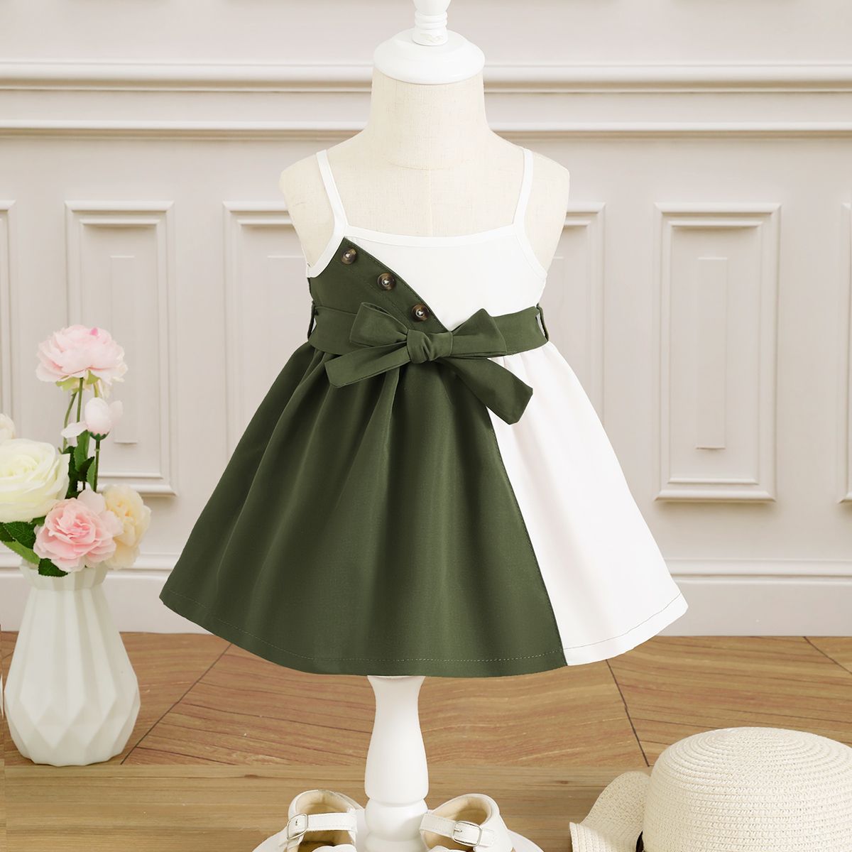 Infant Baby Girl Green White Color Matching Slip Dress