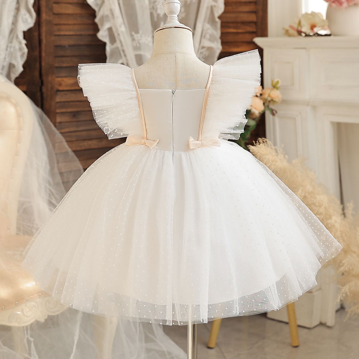 BABY GIRL QUALITY FIRST BIRTHDAY STRIPE BOW GOWN - WHITE - BG412