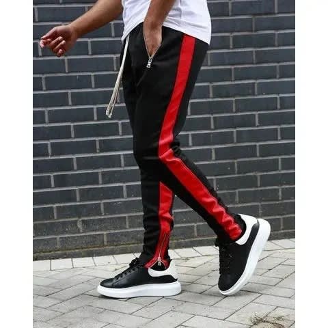 Black Track Joggers With Red Stripes And Zips