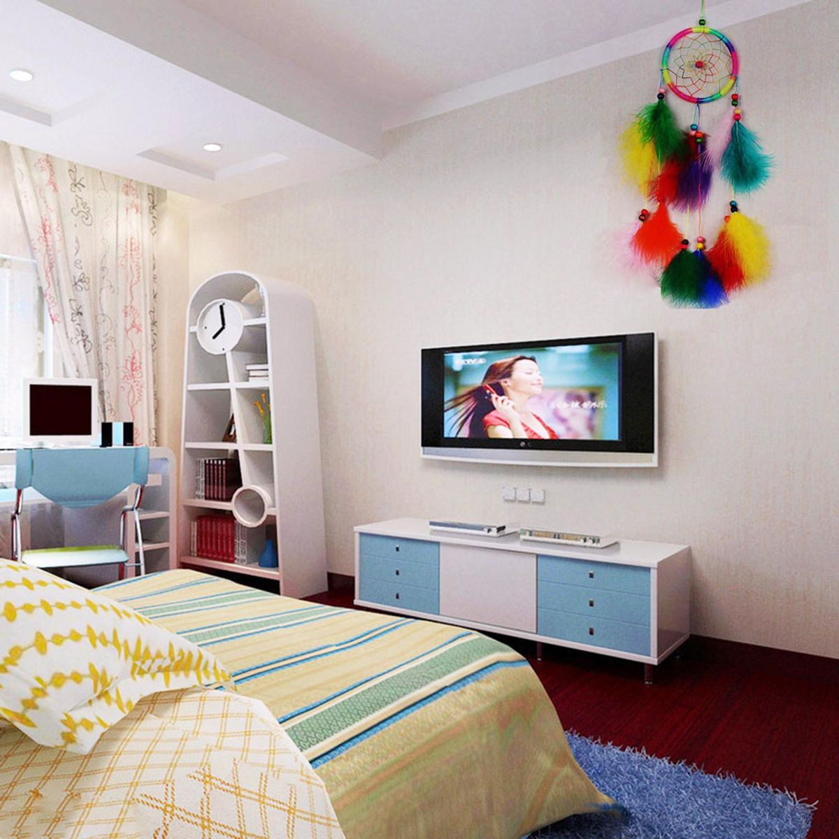 Dream Catcher Feather Decor Pendant Hanging Gift Exquisite Home Decor Ornament for Bedroom-Multicolor