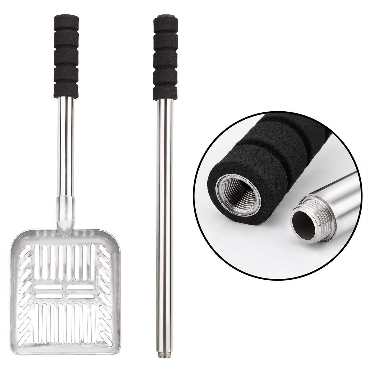 Metal Cat Litter Scoop With Deep Shovel And Long Handle Detachable Stainless Steel Non-Stick Cat Litter Sifter With Foam Padded Grip Handle No Bending Back Heavy Duty Scooper