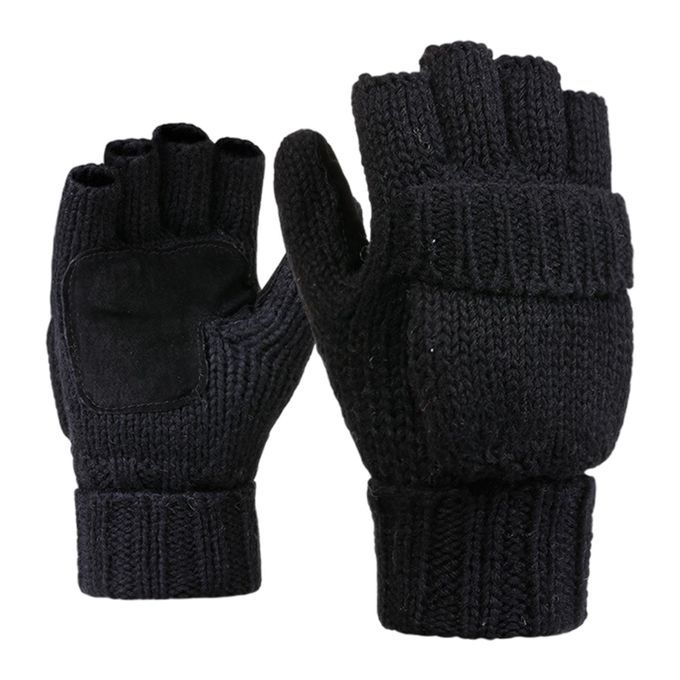 Flip Half Finger Mittens Knitted Thick Fingerless  For Black