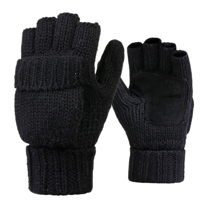 Flip Half Finger Mittens Knitted Thick Fingerless  For Black