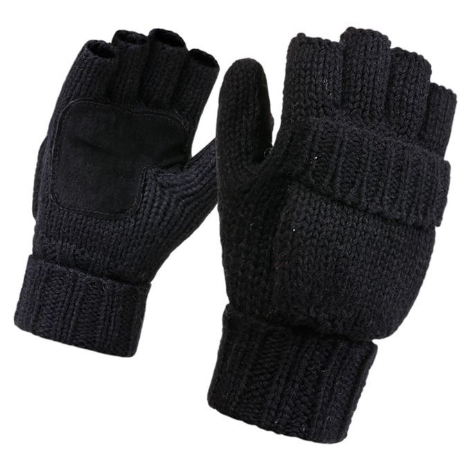 Flip Half Finger Mittens Knitted Thick Fingerless  For Black