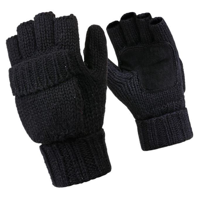 Flip Half Finger Mittens Knitted Thick Fingerless  For Black