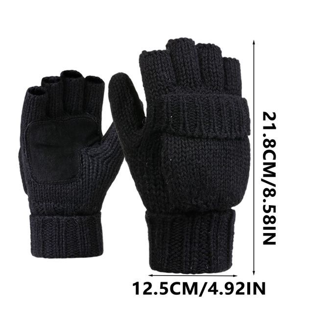 Flip Half Finger Mittens Knitted Thick Fingerless  For Black