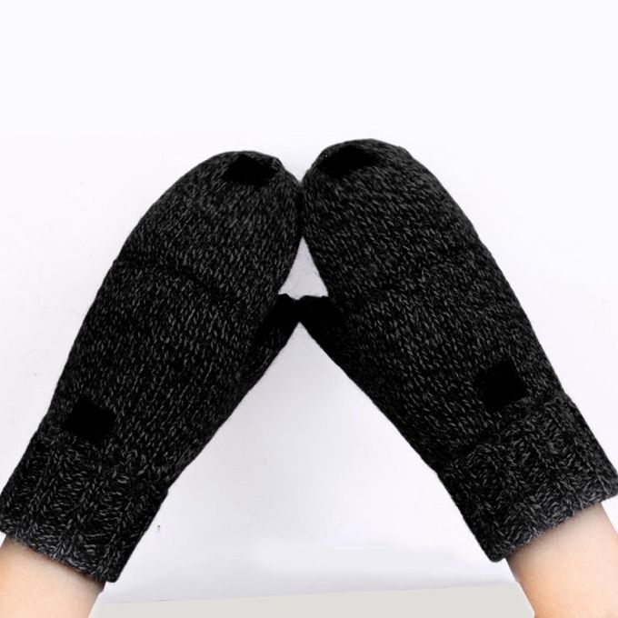 Flip Half Finger Mittens Knitted Thick Fingerless  For Black
