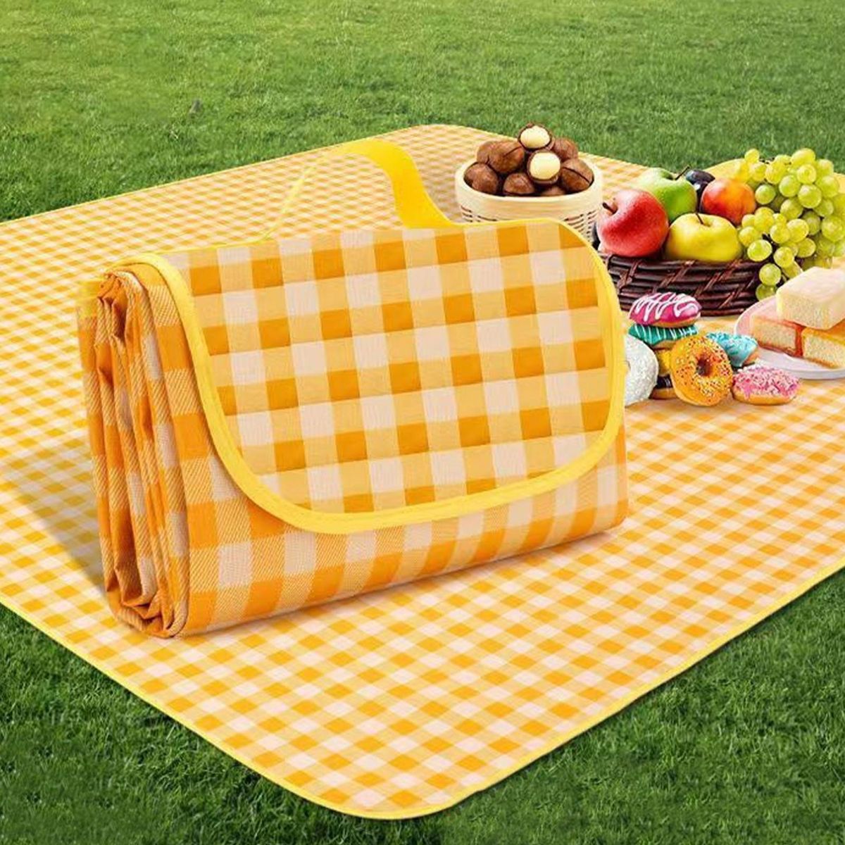 Waterproof Plaid Picnic Blanket Foldable Outdoor Mat Yellow