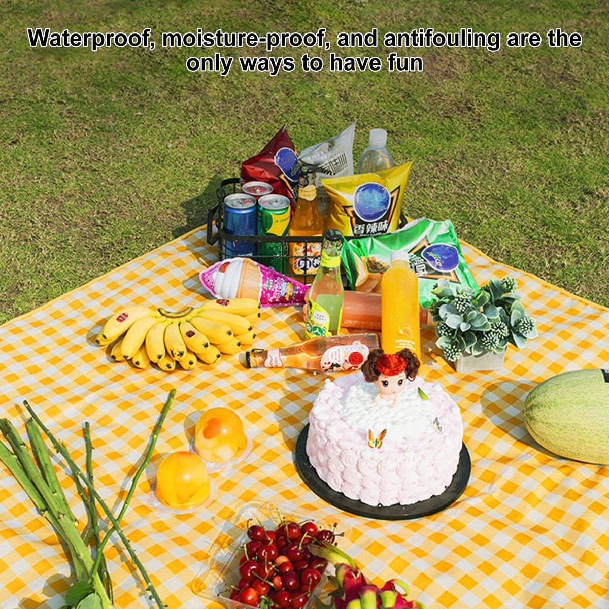 Waterproof Plaid Picnic Blanket Foldable Outdoor Mat Yellow