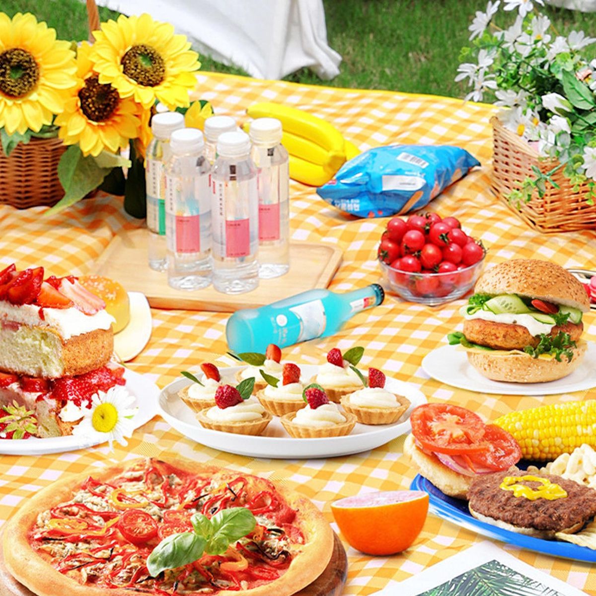 Waterproof Plaid Picnic Blanket Foldable Outdoor Mat Yellow