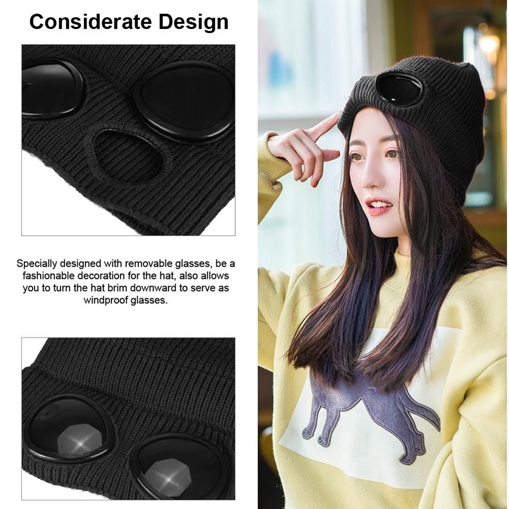 Winter Knitted Skull Hat Thickened Warm Stretchy Beanie Ski Cap Removable Glasses Plush Lining Double-use for Men Women Outdoor Activities